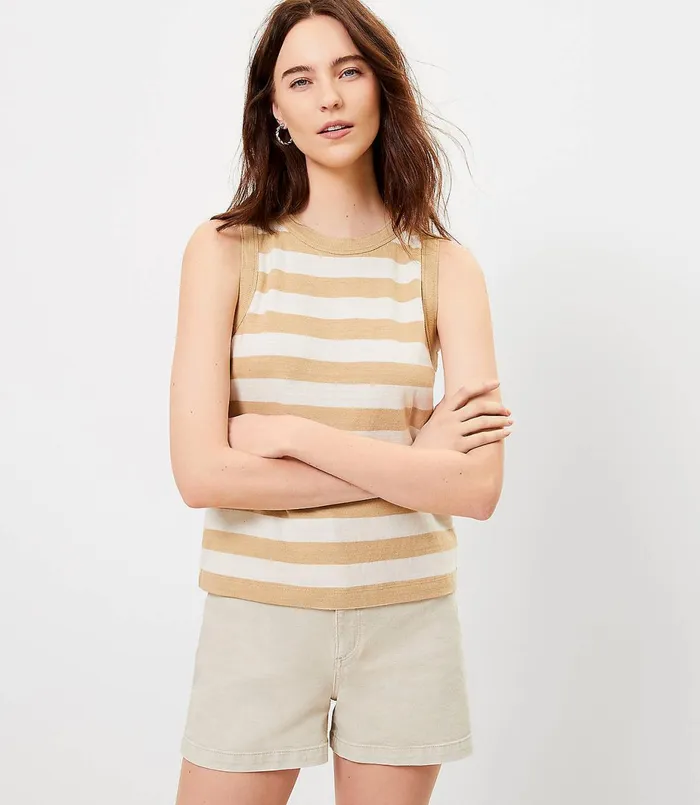 LOFT Striped Relaxed Crew Neck Tank Black Women Tees