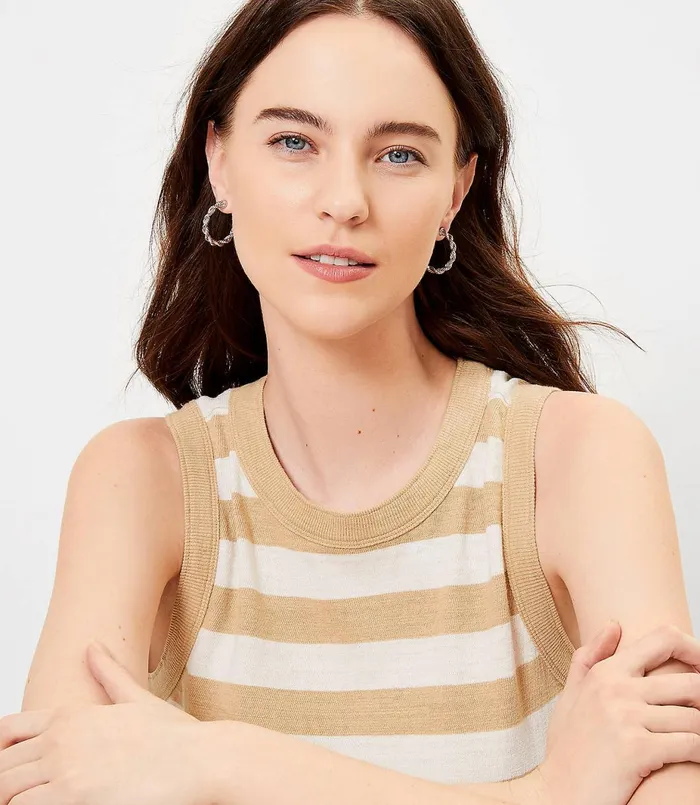 LOFT Striped Relaxed Crew Neck Tank Black Women Tees