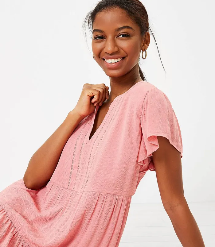 LOFT Tiered Flutter Sleeve Midi Dress Pale Tea Rose Women Swing Dresses