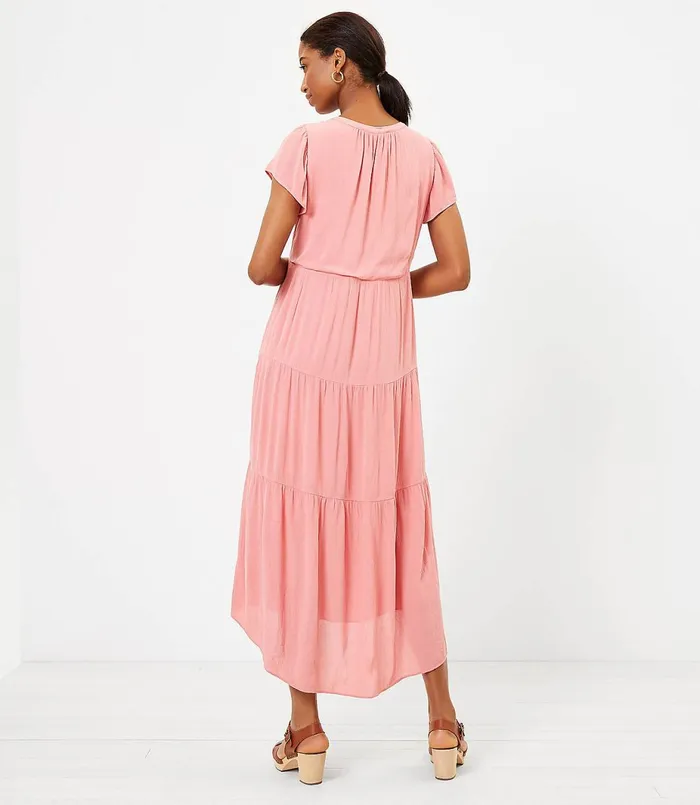 LOFT Tiered Flutter Sleeve Midi Dress Pale Tea Rose Women Swing Dresses