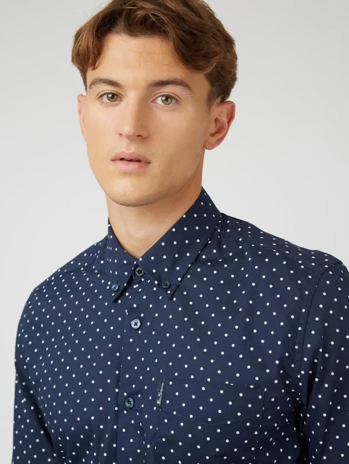 Men Ben Sherman Archive Print Shirts Navy Polka Dot Print LongSleeve Shirt