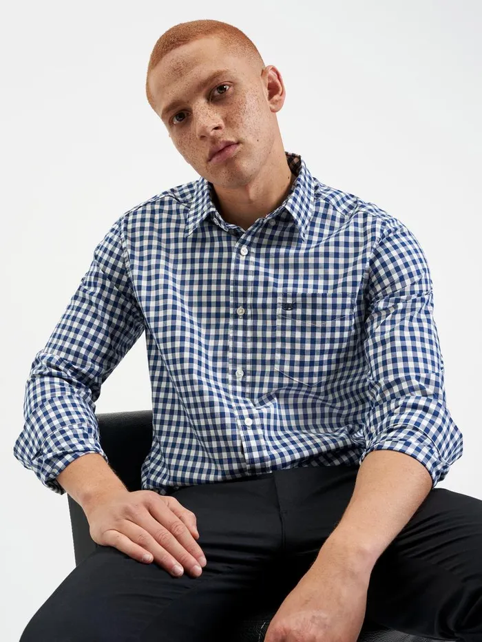 Men Ben Sherman Heritage Check Shirts House Poplin Gingham Shirt 8211 Navy
