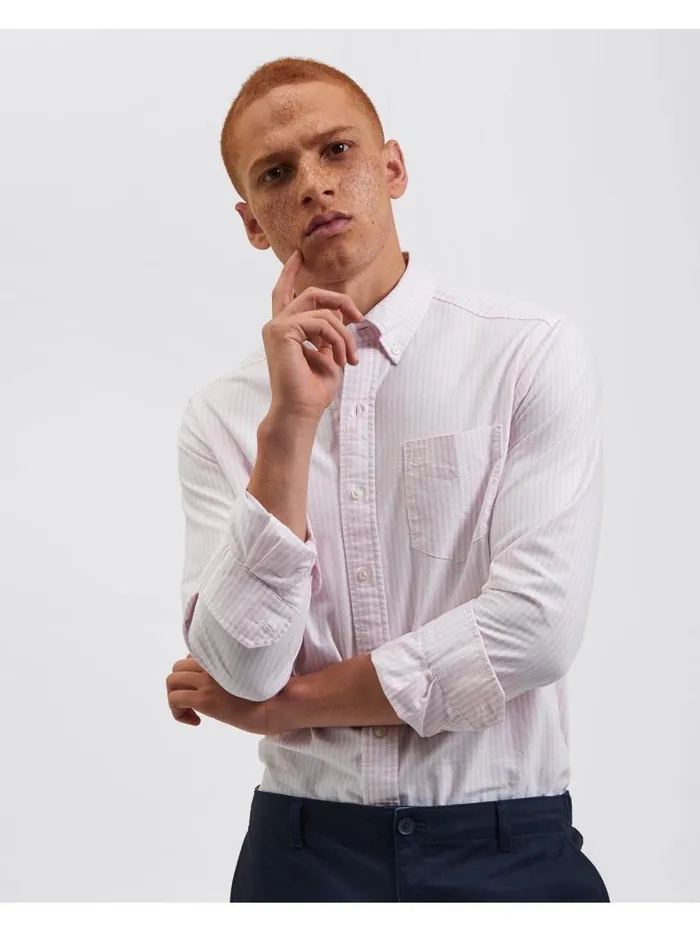 Men Ben Sherman Oxford Shirts Brighton Oxford Organic Stripe Shirt 8211 Pink Bengal Stripe