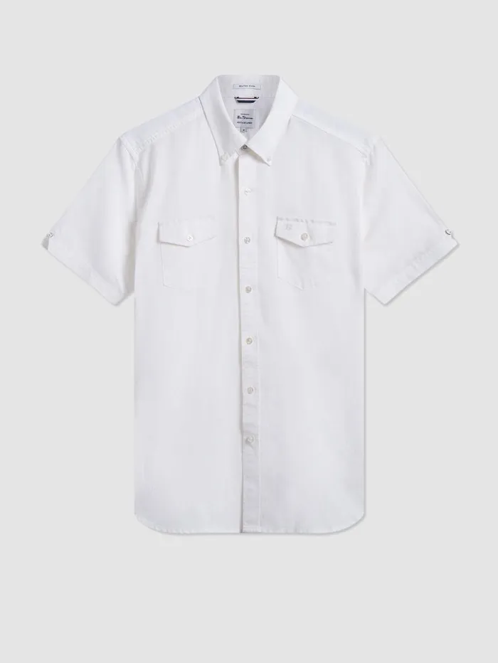 Men Ben Sherman Short Sleeve Shirts Garment Dye ShortSleeve Linen Shirt 8211 White