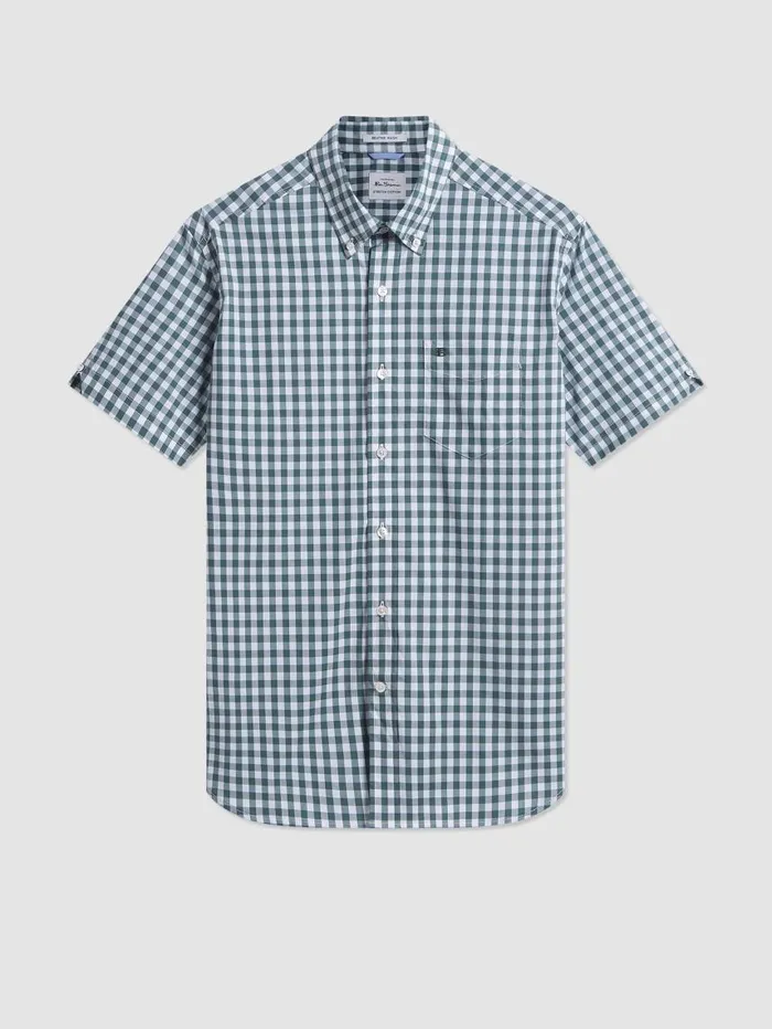 Men Ben Sherman Short Sleeve Shirts Short Sleeve House Poplin Gingham Shirt 8211 Olive