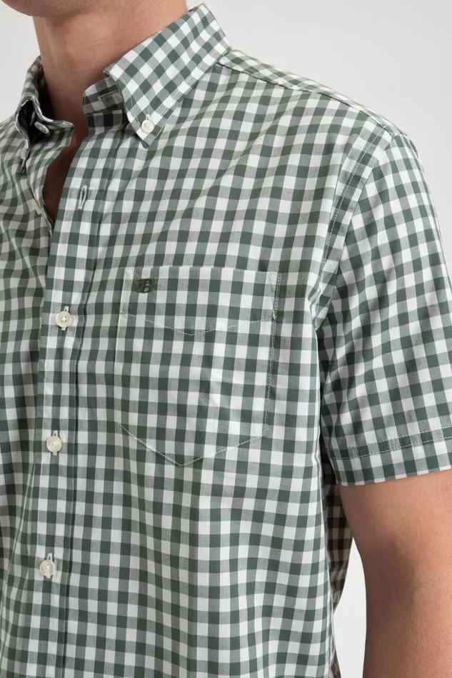 Men Ben Sherman Short Sleeve Shirts Short Sleeve House Poplin Gingham Shirt 8211 Olive