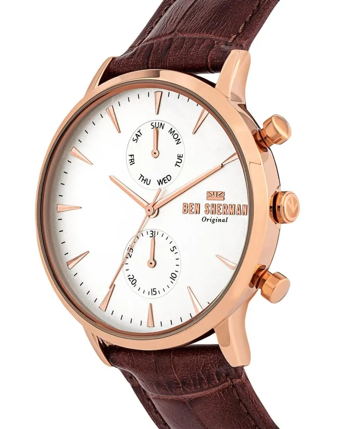 Men Ben Sherman Watches Portobello Professional Multi Watch 8211 BrownOffWhiteRose Gold