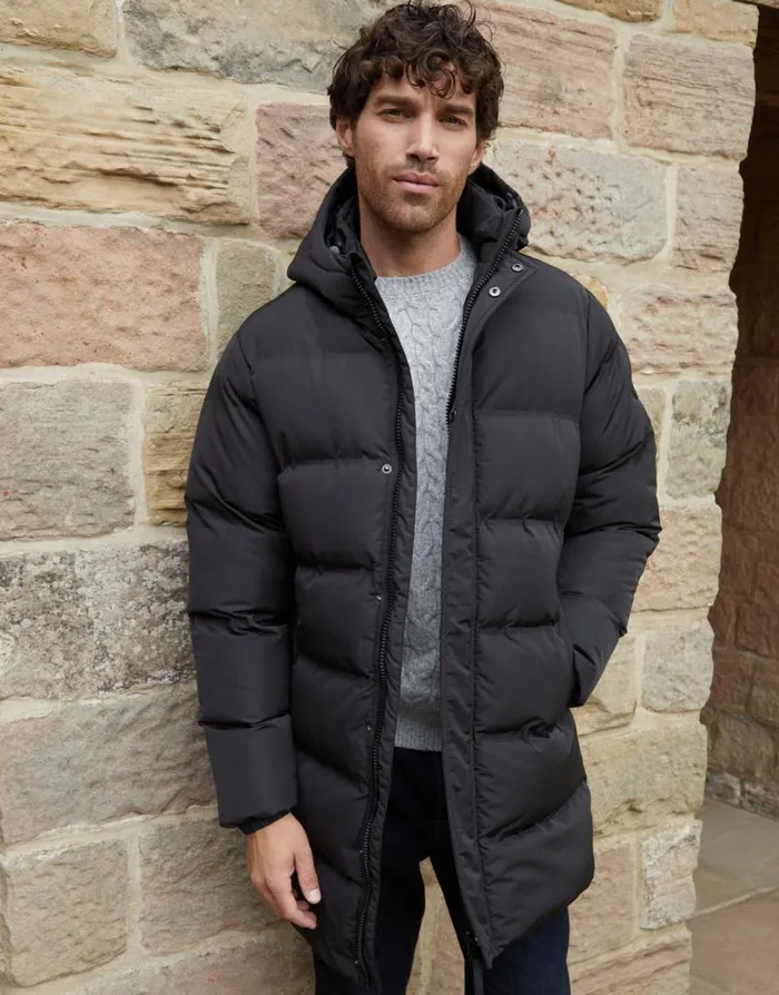 Men Black Hooded Longline Puffer Jacket Threadbare Coats