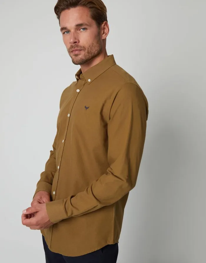 Men Camel Cotton Long Sleeve Slim Fit Shirt Threadbare Shirts