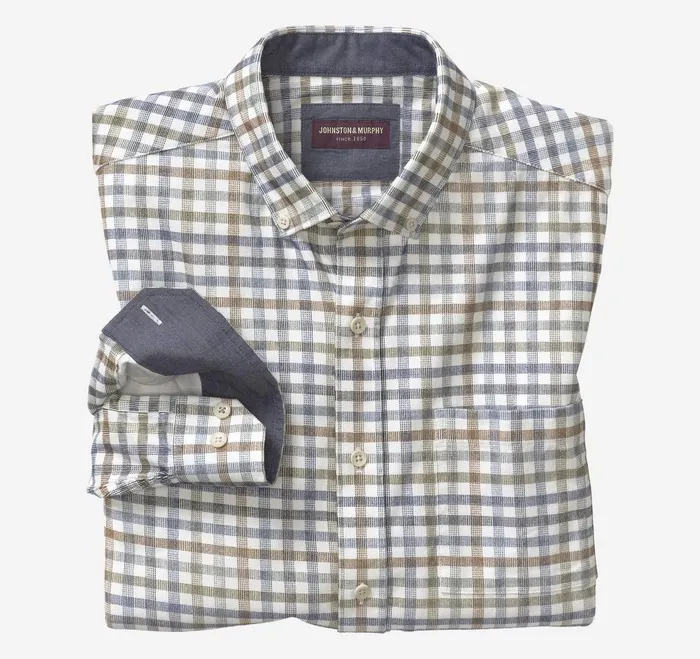 Men Corduroy Shirt Ivory Plaid JohnstonandMurphy Shirts