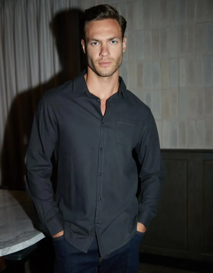 Men Dark Charcoal Brushed Flannel Long Sleeve Shirt Threadbare Shirts