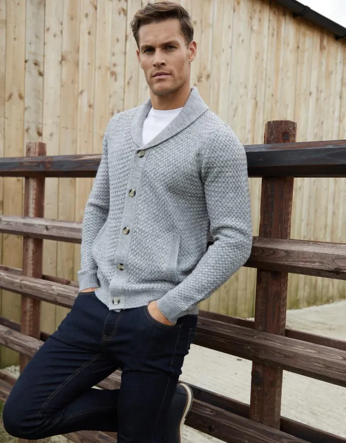 Men Grey Marl Knitted Shawl Cardigan Threadbare Cardigans