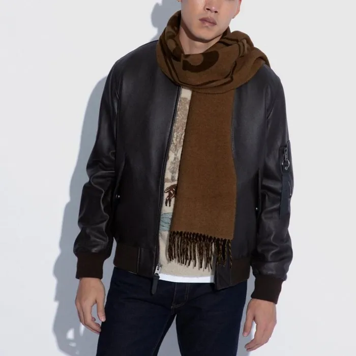 Men Hats Scarves and Gloves Coach Cashmere Scarf With Coach Badge Light Tan Black Men Hats Scarves and Gloves Coach Cashmere Scarf With Coach Badge Light Tan Black