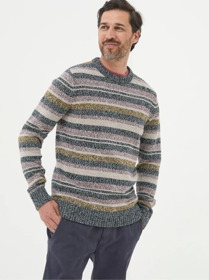 Men Knitwear Fat Face Hove Navy Blue Stripe Crew Jumper