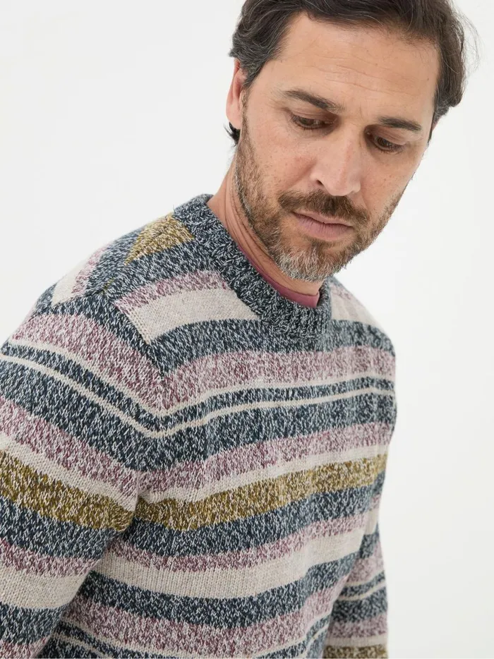 Men Knitwear Fat Face Hove Navy Blue Stripe Crew Jumper