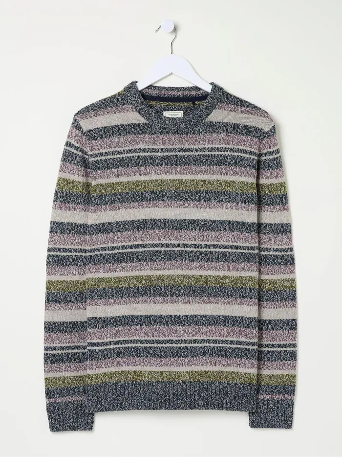 Men Knitwear Fat Face Hove Navy Blue Stripe Crew Jumper