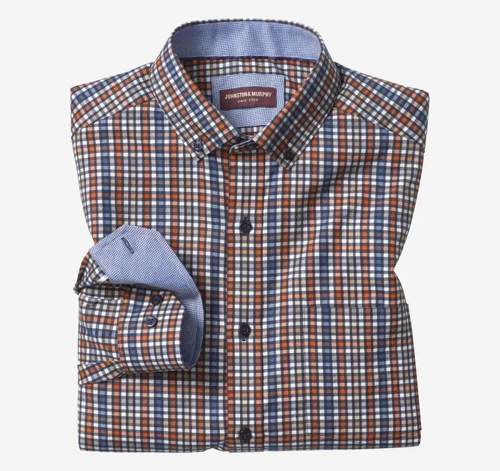 Men LongSleeve Twill Checked Shirt Rustblue Outlined Check JohnstonandMurphy Shirts Men LongSleeve Twill Checked Shirt Rustblue Outlined Check JohnstonandMurphy Shirts
