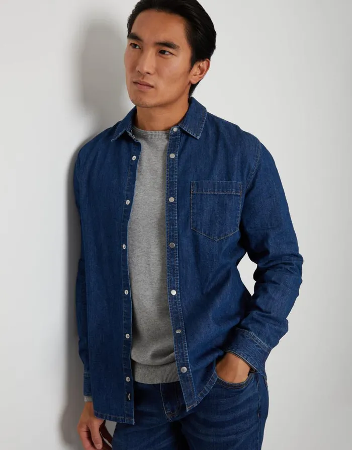 Men Mid Wash Denim Long Sleeve Shirt Threadbare Shirts