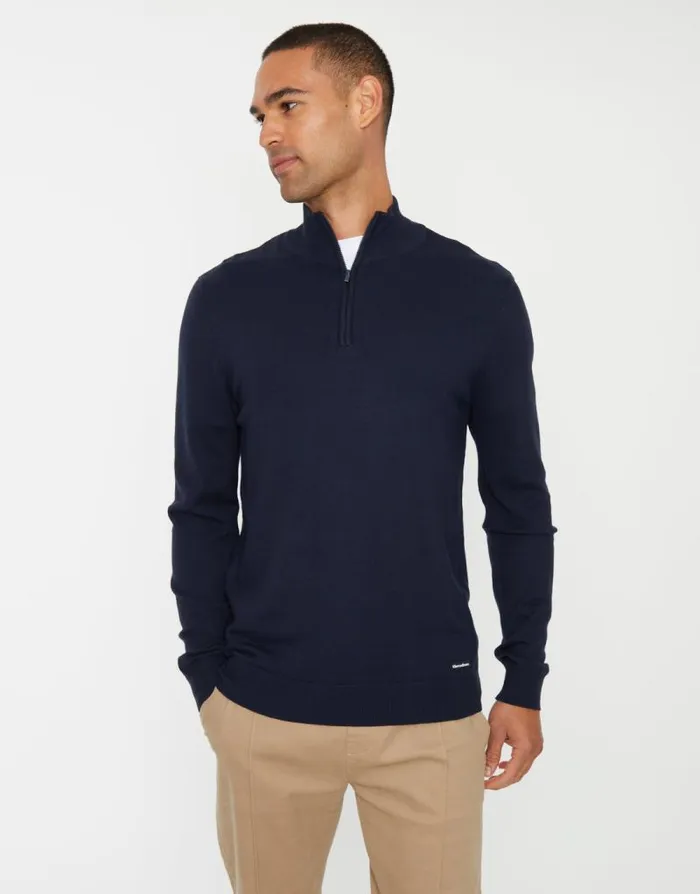 Men Navy Funnel Neck Quarter Zip Knitted Jumper Threadbare Jumpers