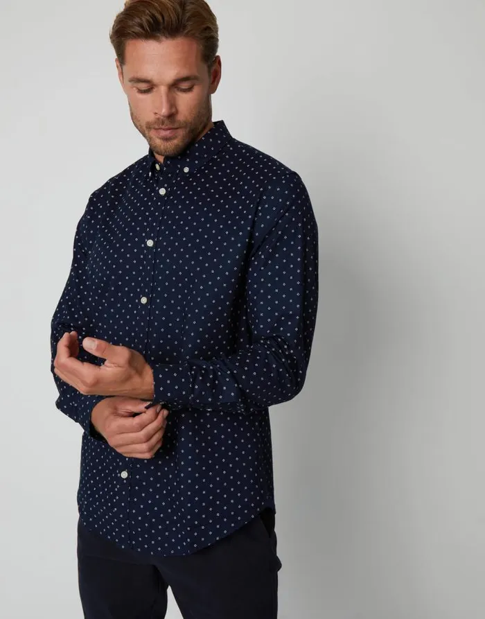 Men Navy Geometric Print Long Sleeve Shirt Threadbare Shirts