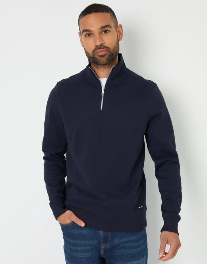Men Navy Pique Quarter Zip Funnel Neck Sweatshirt Threadbare Sweatshirts