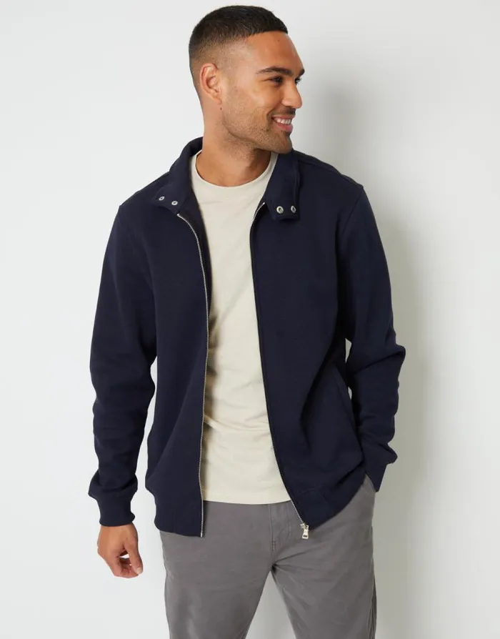 Men Navy Pique Zip Up Popper Collar Sweatshirt Threadbare Sweatshirts