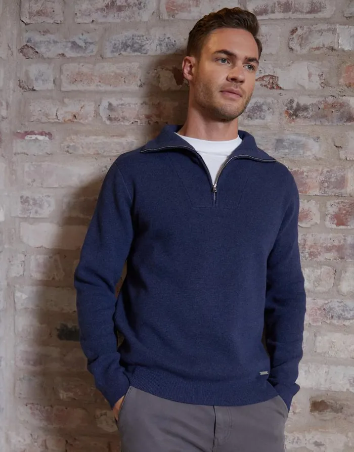 Men Navy Rib Panel Quarter Zip Jumper Threadbare Jumpers