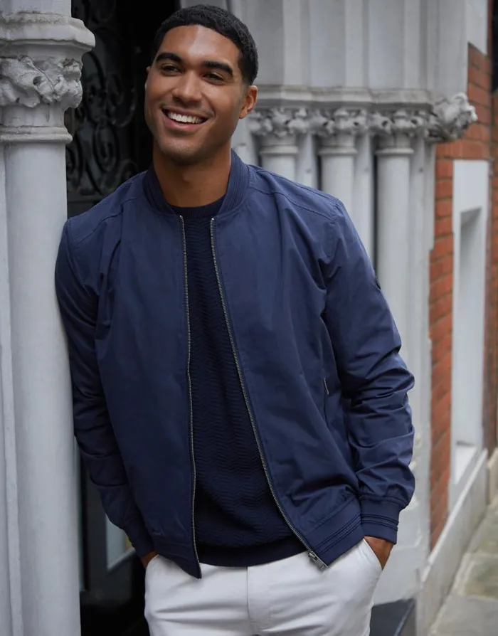 Men Navy Showerproof Classic Bomber Jacket Threadbare Jackets