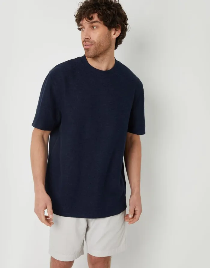 Men Navy Textured Relaxed Fit TShirt Threadbare TShirts