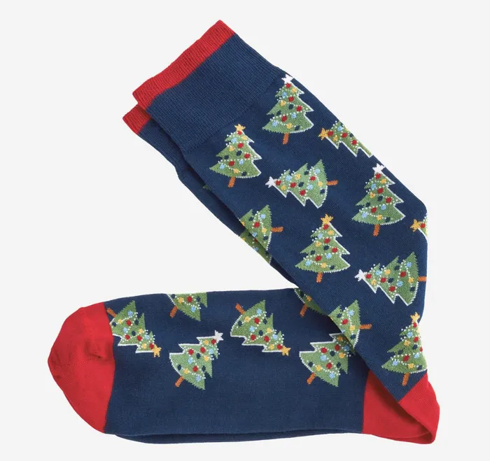 Men Pima Cotton HolidayThemed Socks Navy Christmas Trees JohnstonandMurphy Socks