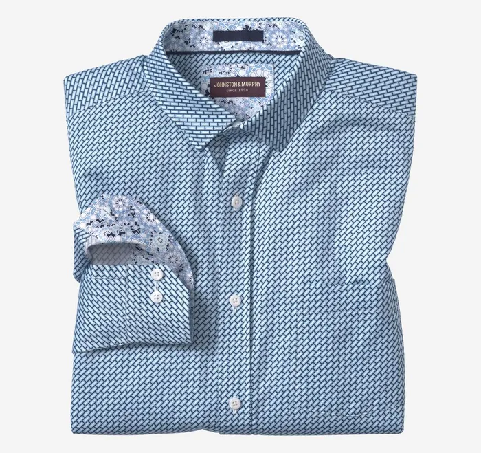 Men Printed Cotton Shirt Blue Bar JohnstonandMurphy Shirts