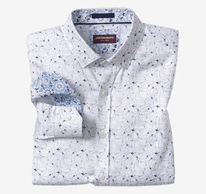 Men Printed Cotton Shirt White Airplane JohnstonandMurphy Shirts