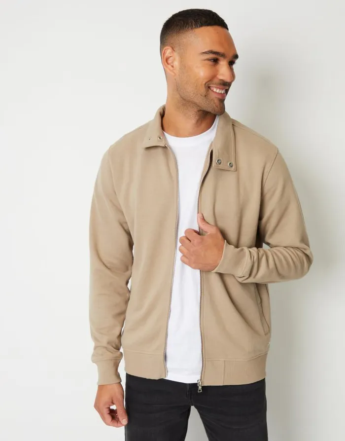 Men Stone Pique Zip Up Popper Collar Sweatshirt Threadbare Sweatshirts