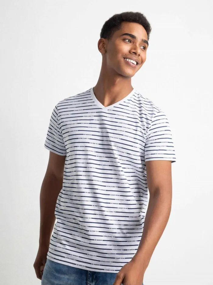 Men TShirts Petrol Industries Striped VNeck TShirt Silver Grey Melee