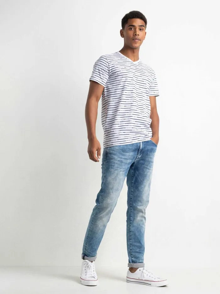 Men TShirts Petrol Industries Striped VNeck TShirt Silver Grey Melee