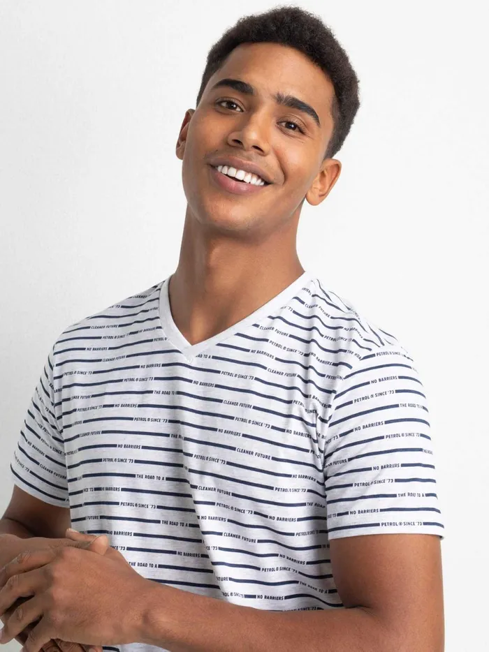 Men TShirts Petrol Industries Striped VNeck TShirt Silver Grey Melee