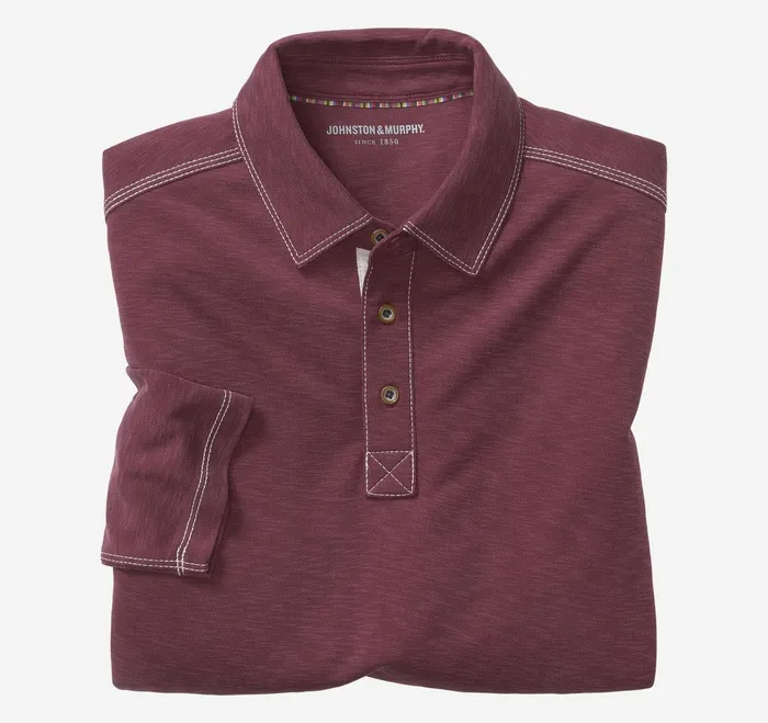 Men Vintage Slub LongSleeve Polo Burgundy JohnstonandMurphy Polos and Tees