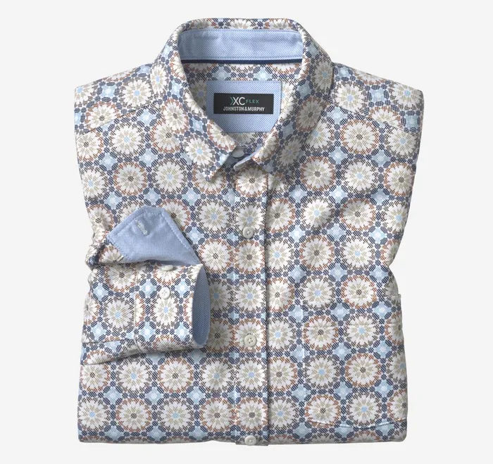 Men Xc Flex Stretch LongSleeve Shirt Blue Multi Birdseye Mosaic JohnstonandMurphy Shirts
