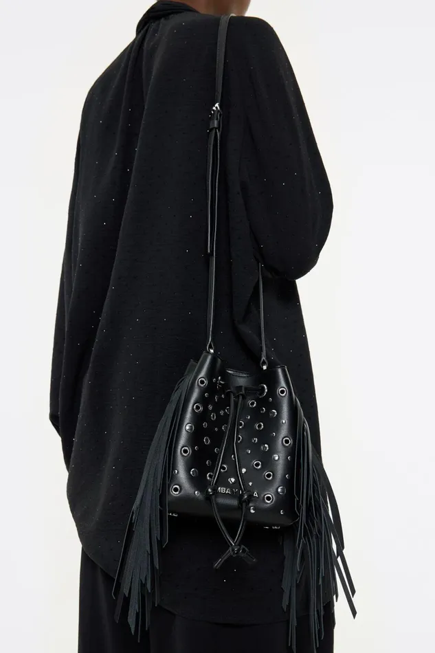 Mini Black Leather Studded Chihuahua Bucket Bag Black Women Bimba Y Lola Crossbody Bags
