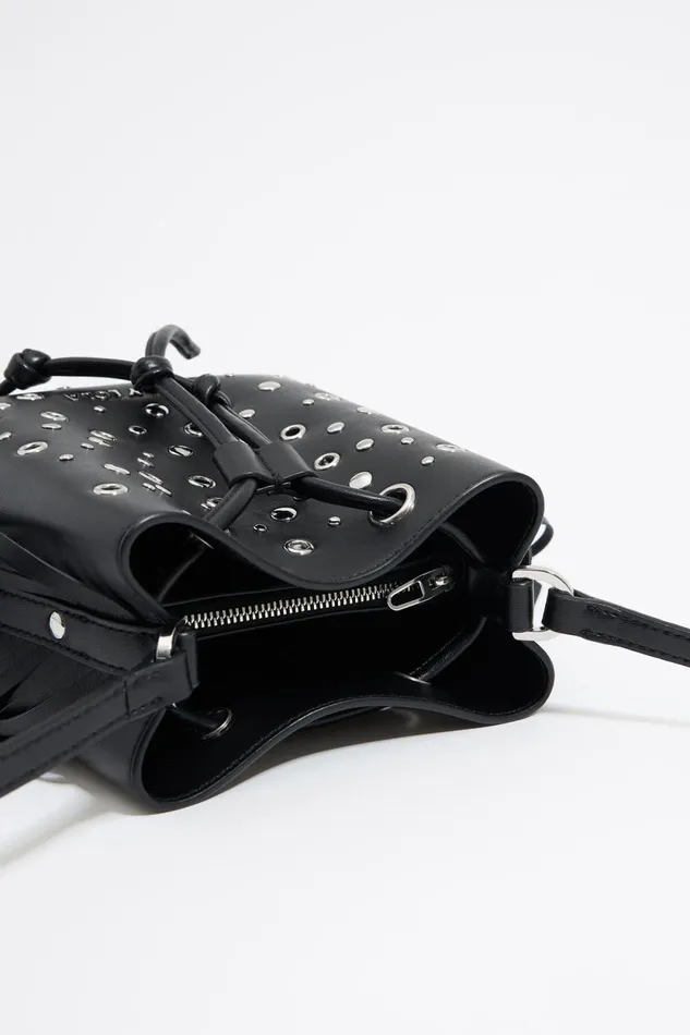 Mini Black Leather Studded Chihuahua Bucket Bag Black Women Bimba Y Lola Crossbody Bags