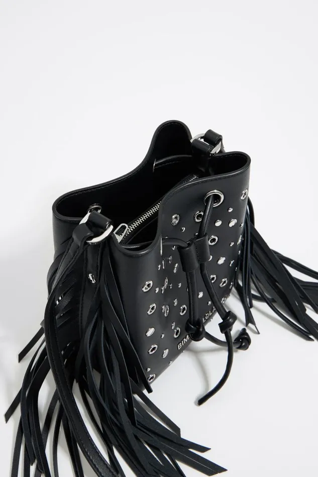 Mini Black Leather Studded Chihuahua Bucket Bag Black Women Bimba Y Lola Crossbody Bags