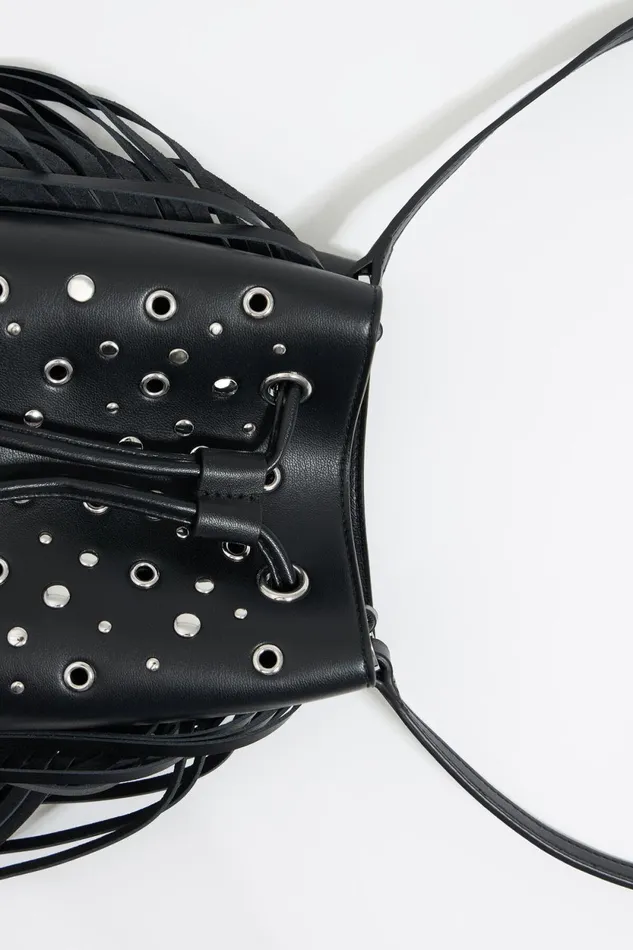 Mini Black Leather Studded Chihuahua Bucket Bag Black Women Bimba Y Lola Crossbody Bags