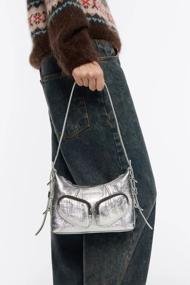 Mini Silver Leather Pocket Slouch Bag Silver Women Bimba Y Lola Shoulder Bags Mini Silver Leather Pocket Slouch Bag Silver Women Bimba Y Lola Shoulder Bags