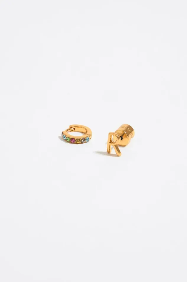Multicolor Crystal Mini Hoop And Letter R Earrings Gold Women Bimba Y Lola Alphabet Multicolor Crystal Mini Hoop And Letter R Earrings Gold Women Bimba Y Lola Alphabet
