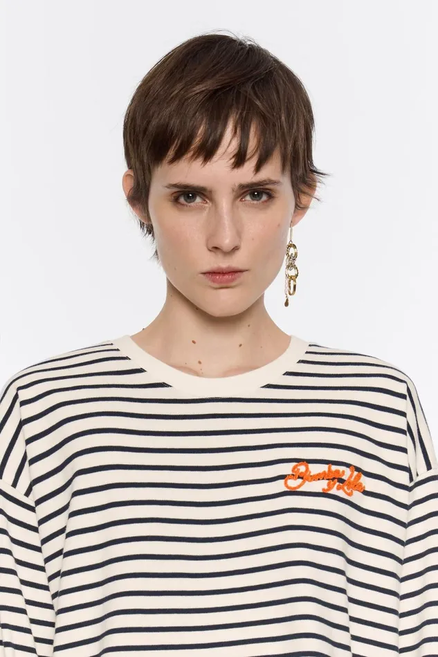 Navy Blue Striped Cotton Tshirt Navy Women Bimba Y Lola TShirts Navy Blue Striped Cotton Tshirt Navy Women Bimba Y Lola TShirts