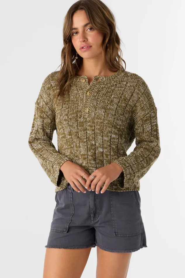 OCEANFRONT HENLEY LONG SLEEVE SWEATER Military Olive Women O039NEILL Clothing
