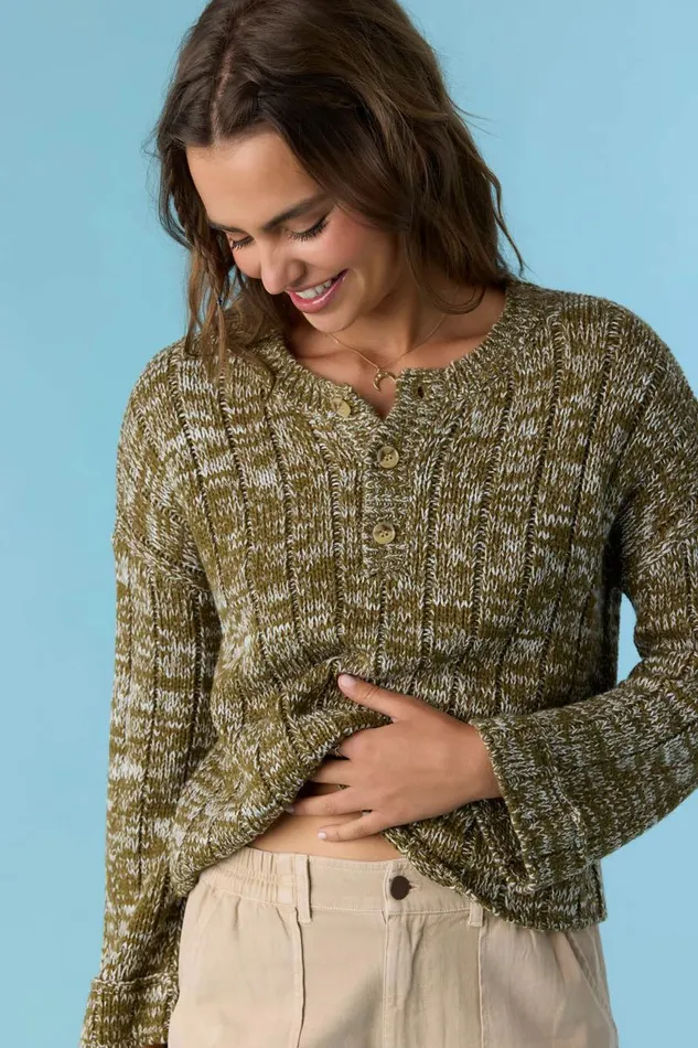 OCEANFRONT HENLEY LONG SLEEVE SWEATER Military Olive Women O039NEILL Clothing