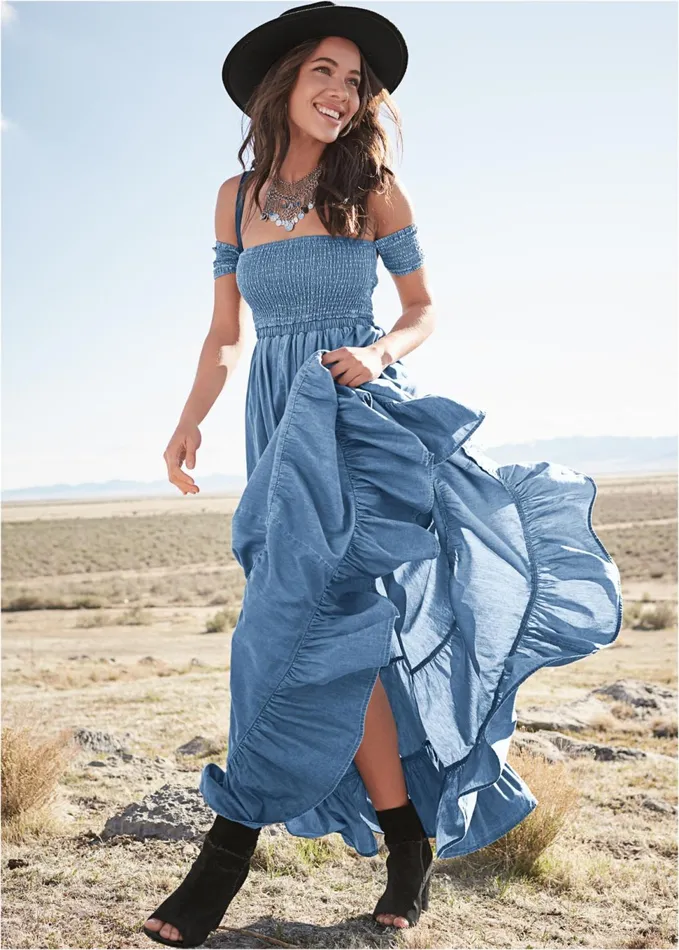 OfftheShoulder Maxi Dress Medium Wash Women VENUS Sundresses