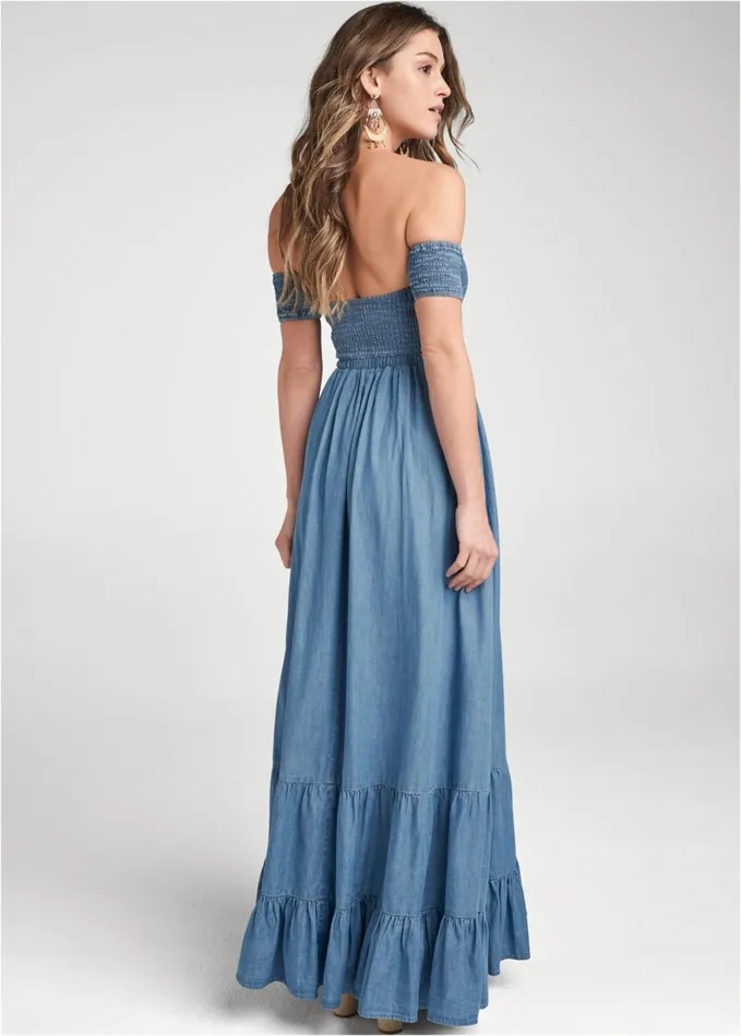 OfftheShoulder Maxi Dress Medium Wash Women VENUS Sundresses