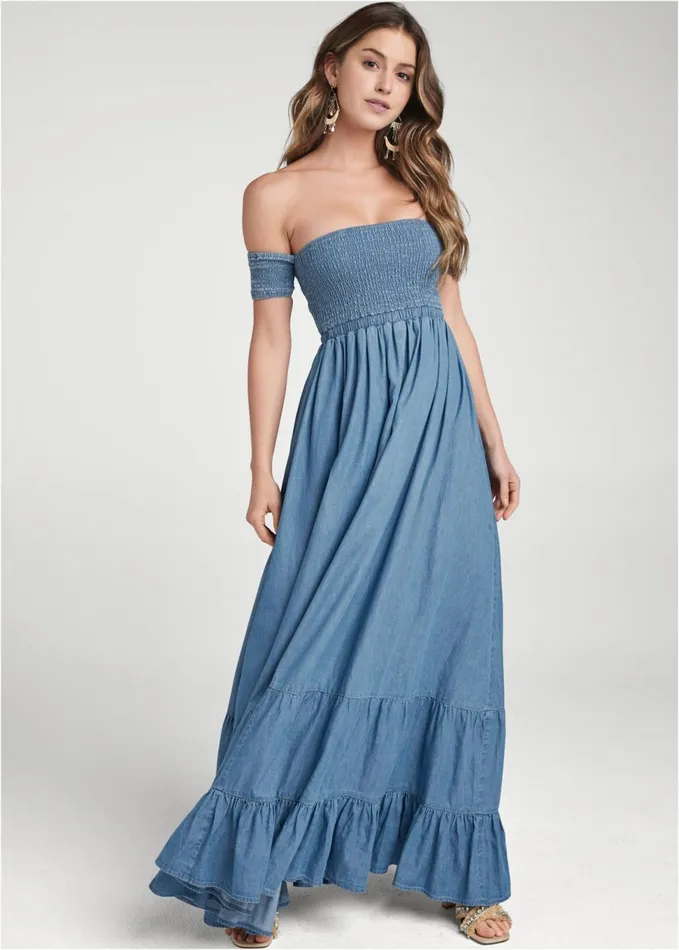 OfftheShoulder Maxi Dress Medium Wash Women VENUS Sundresses